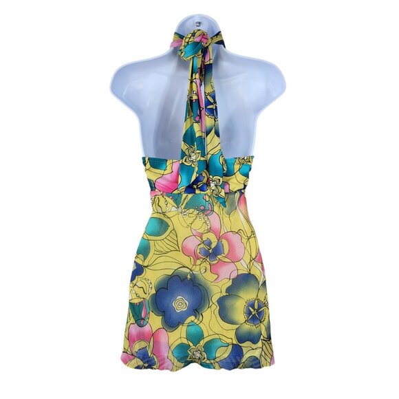 Vtg Bisou Bisou Halter Top Large Floral Print Stretchy Tunic Sexy Keyhole Yellow - Picture 4 of 5